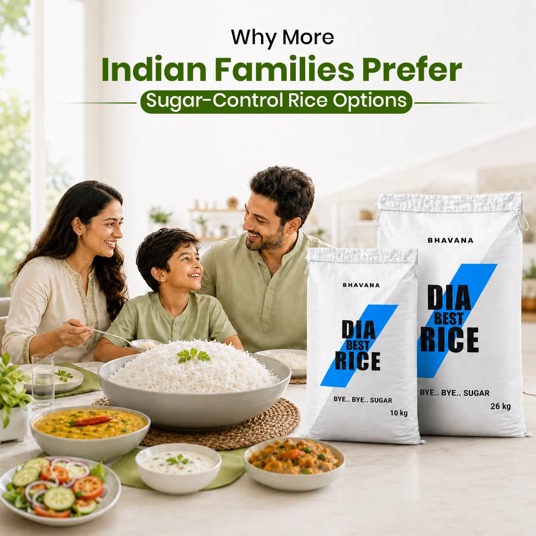 Indian family enjoying a healthy meal with Bhavana Dia Best Rice, a low glycemic index rice option. Buy sugarless rice for better blood sugar management and everyday wellness.