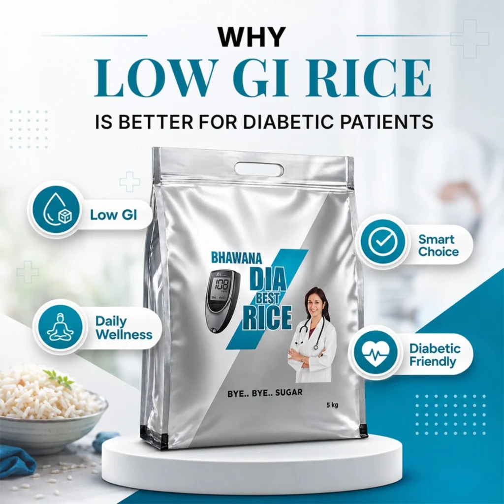 Bhavana Dia Best Rice, a low glycemic index rice designed for diabetic-friendly nutrition. Buy sugarless rice to support blood sugar management, daily wellness, and healthy eating.