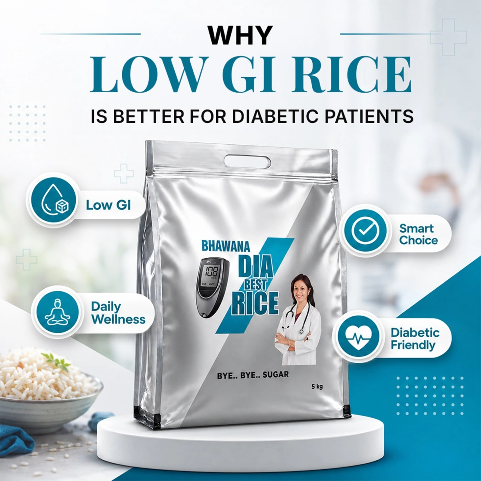 Bhavana Dia Best Rice, a low glycemic index rice designed for diabetic-friendly nutrition. Buy sugarless rice to support blood sugar management, daily wellness, and healthy eating.